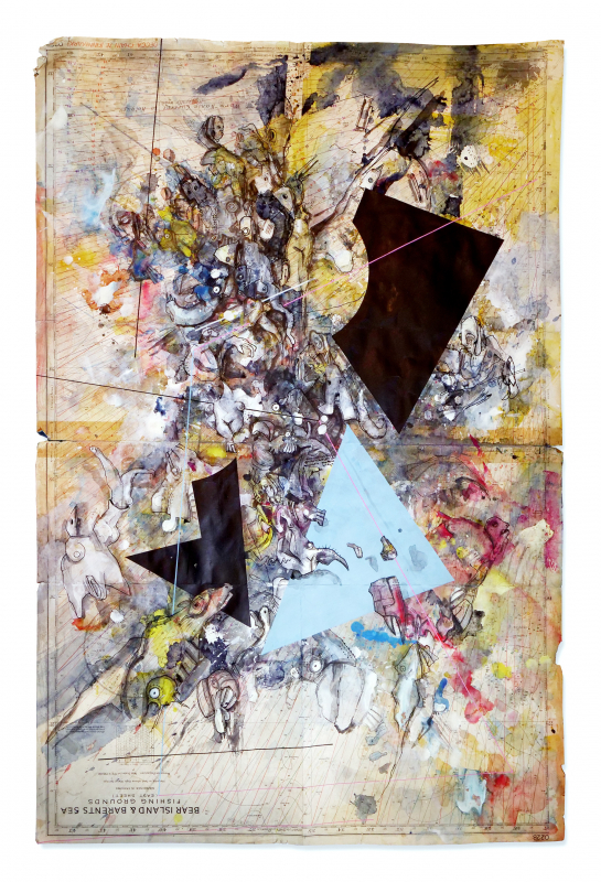 Sturm | 2023 | 110x72cm | Peer Kriesel Übermalung | Mischtechnik auf Seekarte, gerahmt